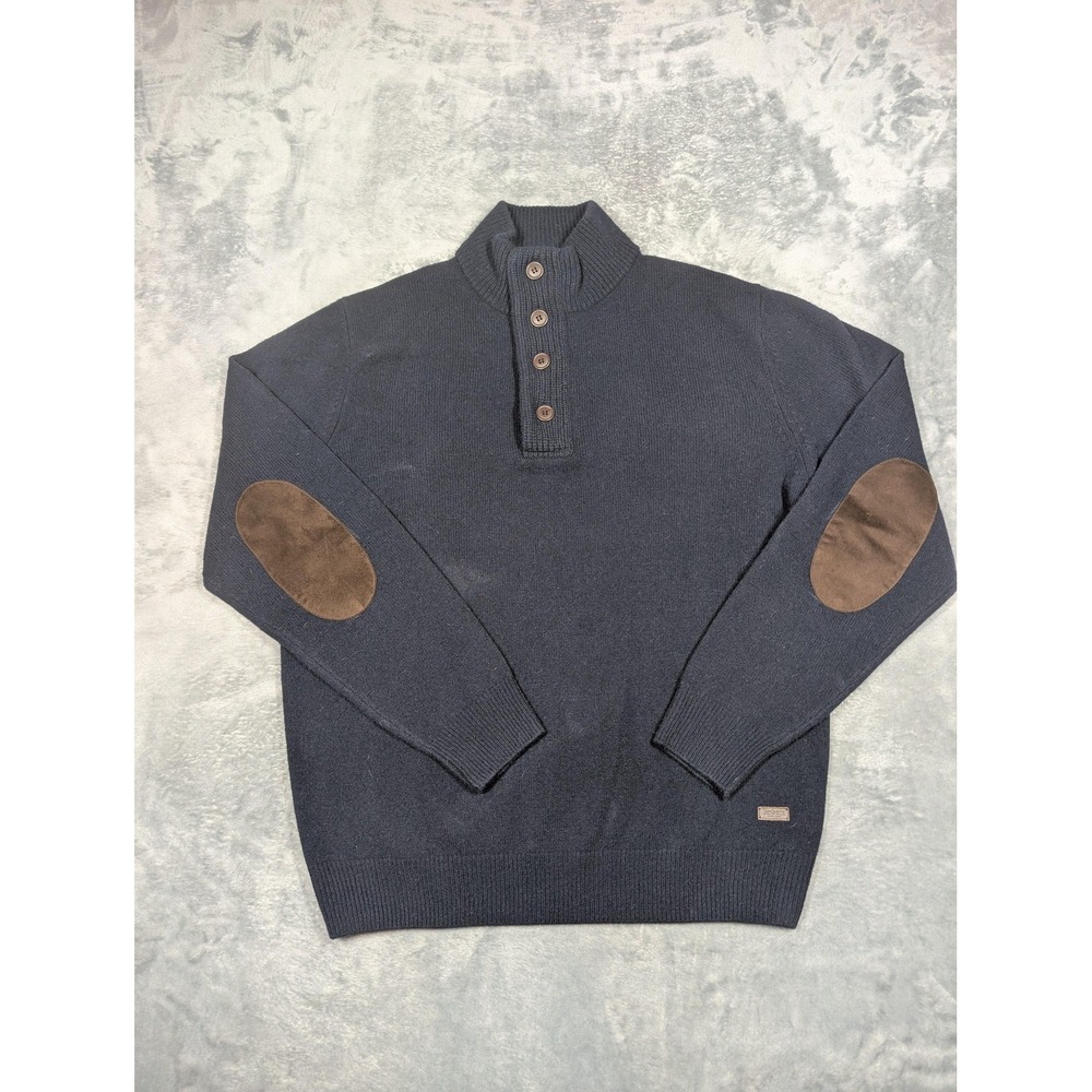 Mens Barbour Patch Half Zip Sweater Sz XL Extra Large Blue Elbow Patch Wool